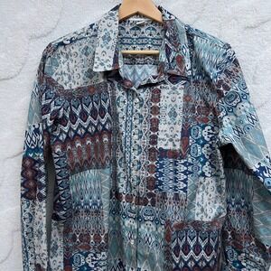 Coldwater Creek Button Up Blouse Fairycore Blue Patchwork Ikat Print Cotton M